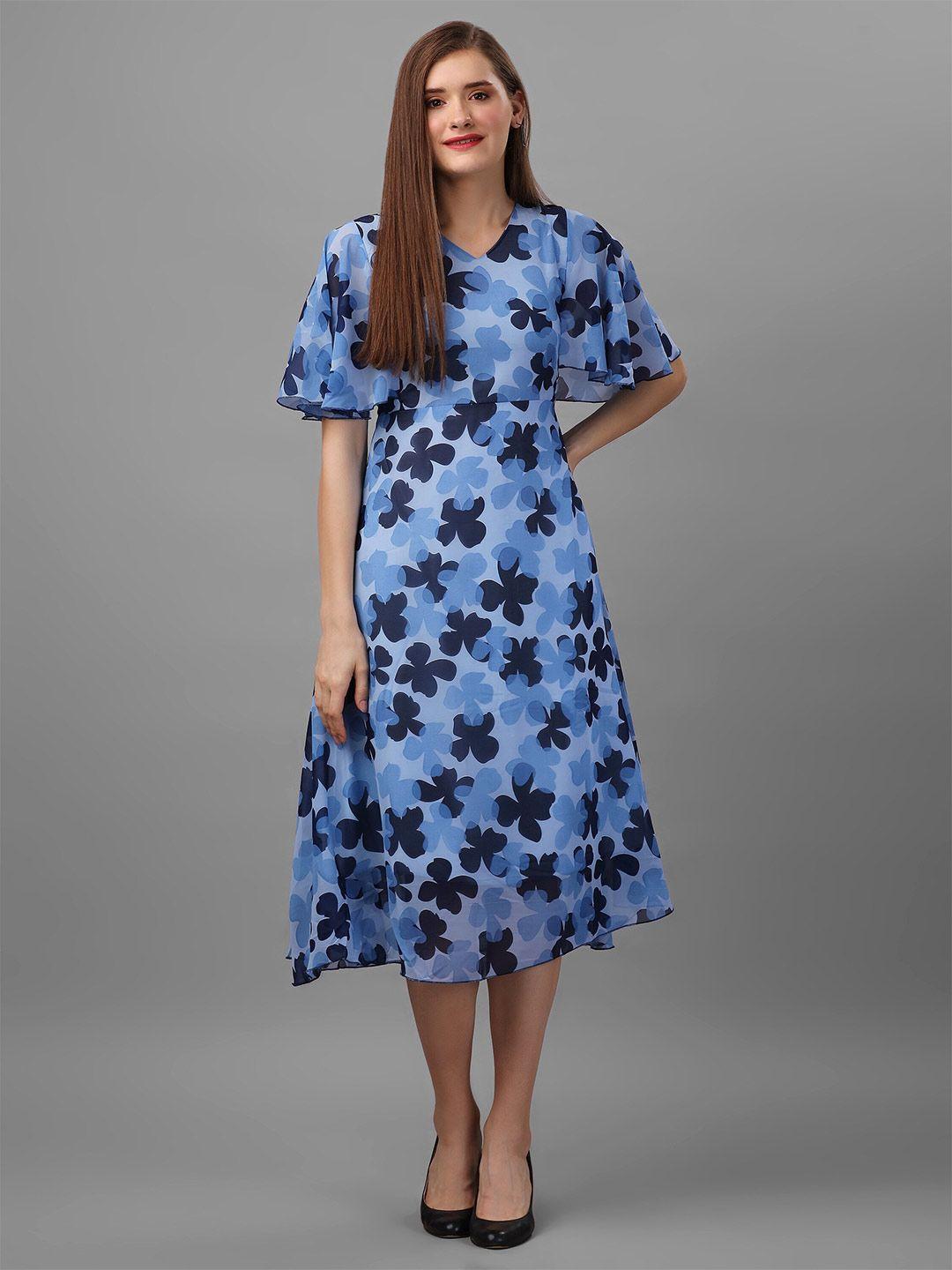 baesd floral print v neck bell sleeve georgette fit & flare midi dress