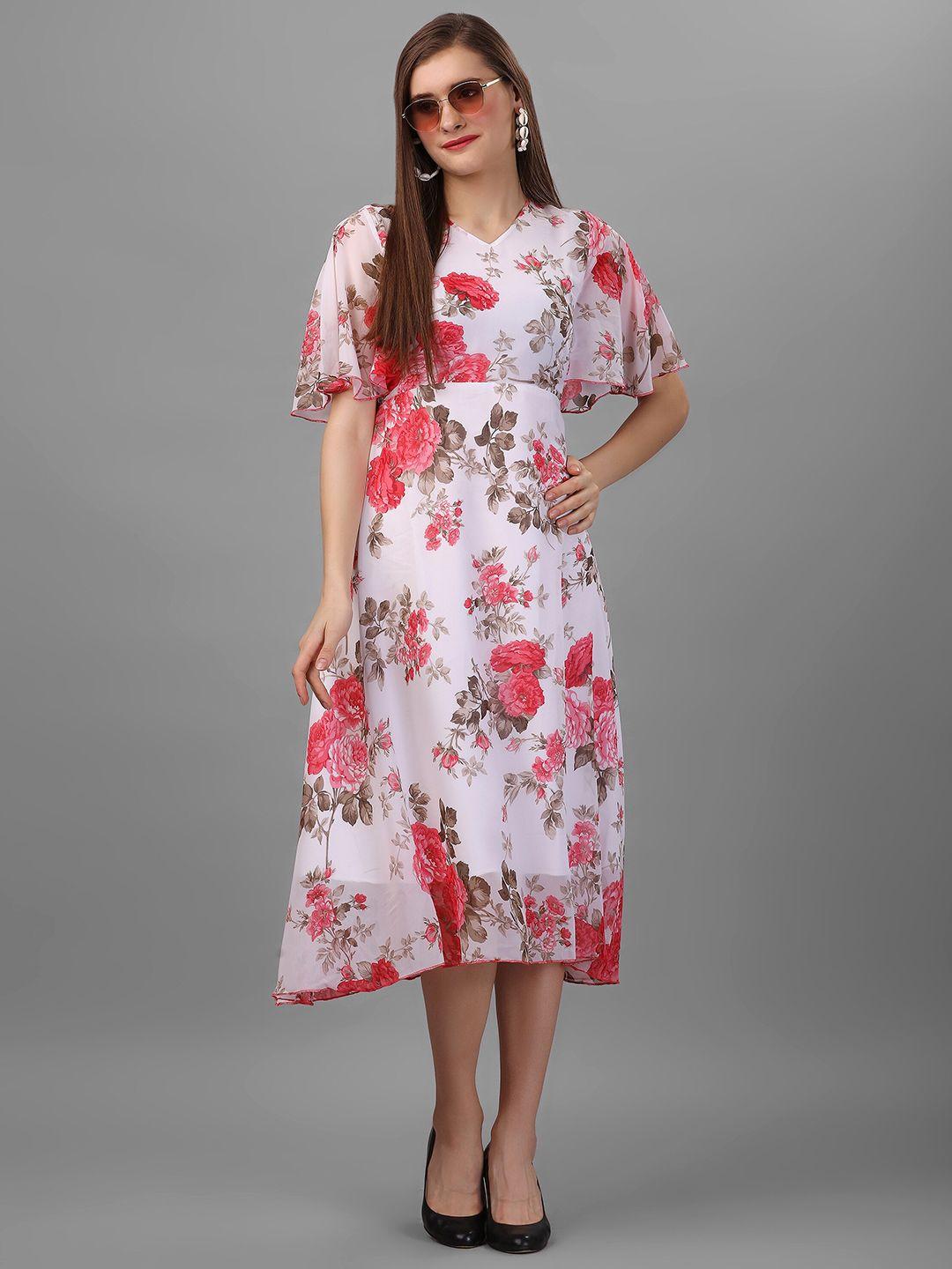 baesd floral print bell sleeve georgette fit & flare midi dress