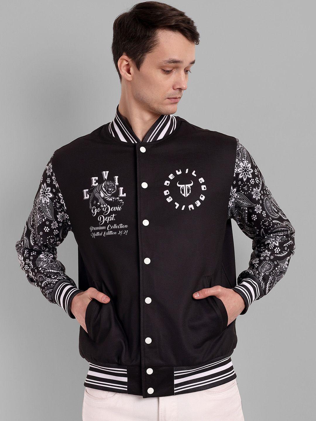 go devil graphic printed mandarin collar bomber jacket