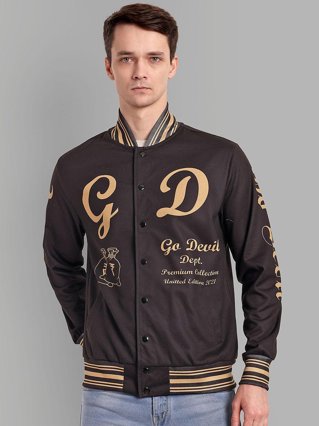 go devil graphic printed mandarin collar bomber jacket