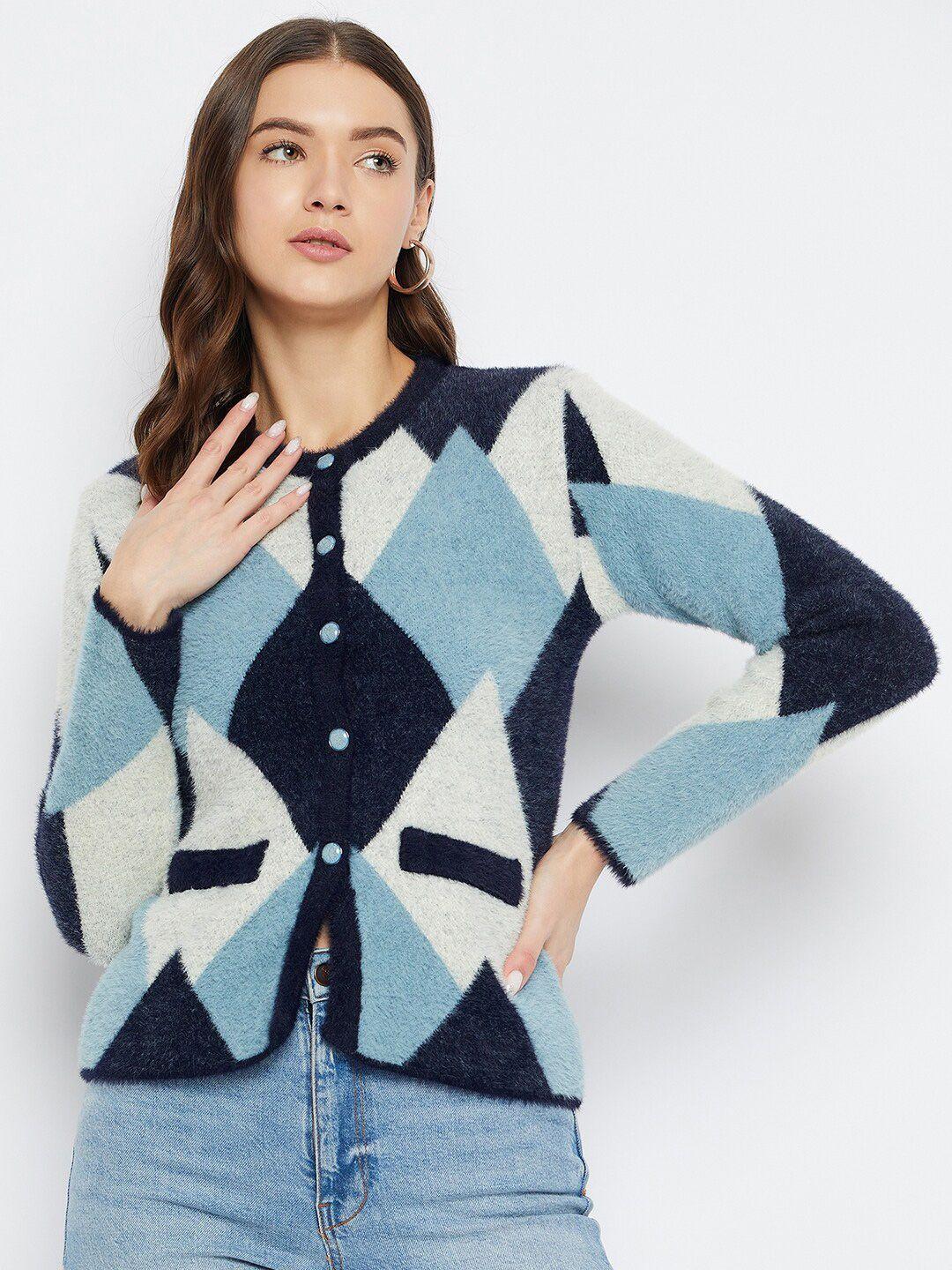 zigo geometric printed round neck long sleeves woollen cardigan sweater