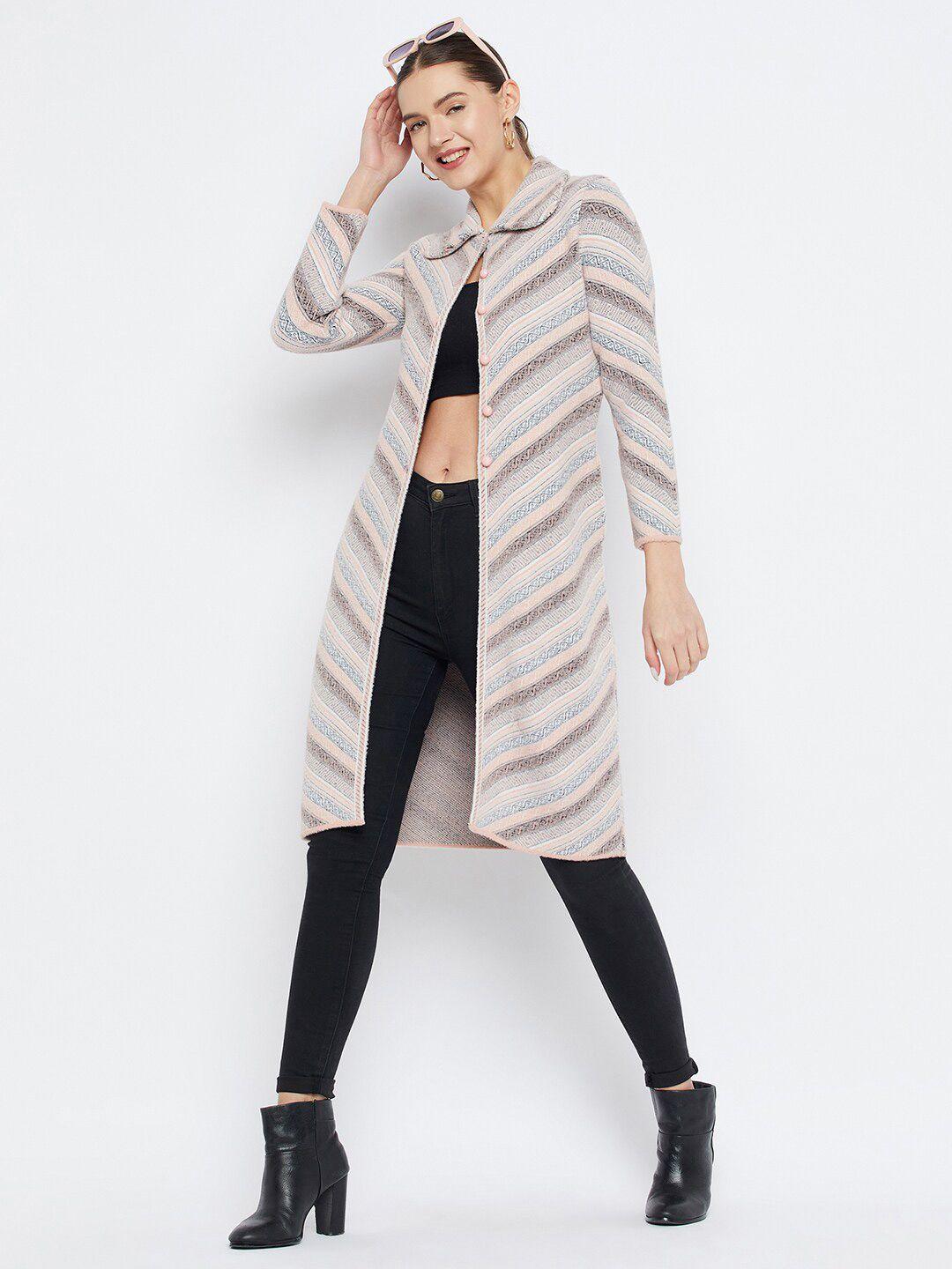 zigo women peach-coloured striped woollen longline cardigan