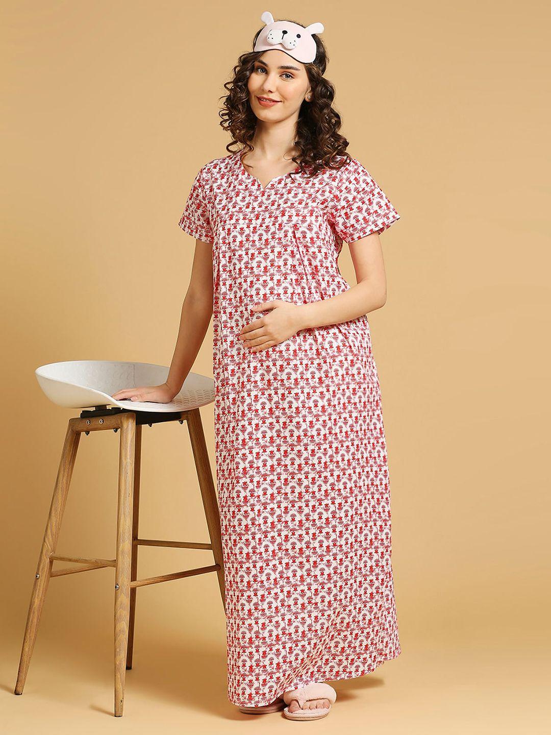 momtobe floral printed pure cotton feeding maternity maxi nightdress