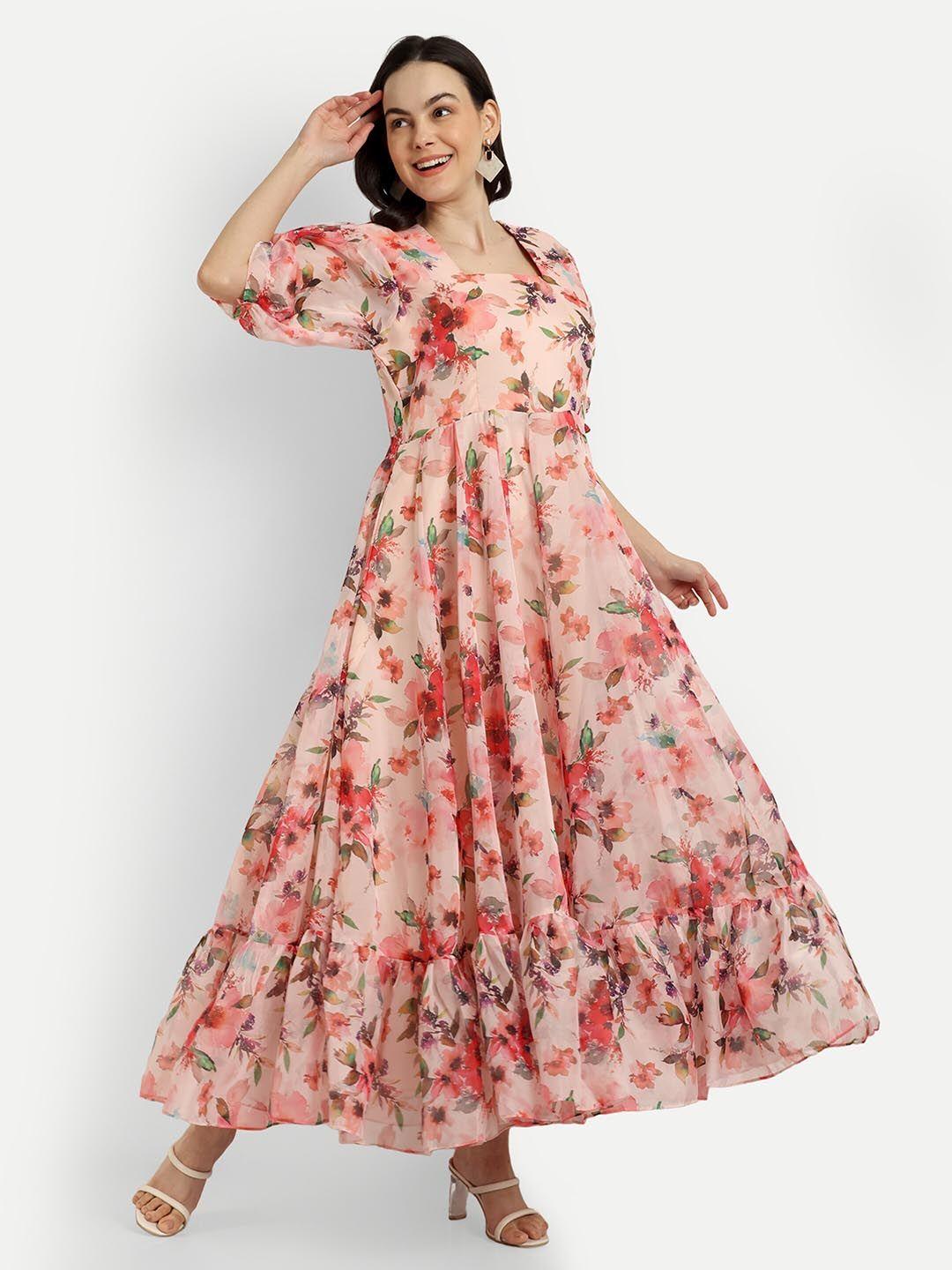 shinisha floral printed puff sleeve square neck gathered maxi dress