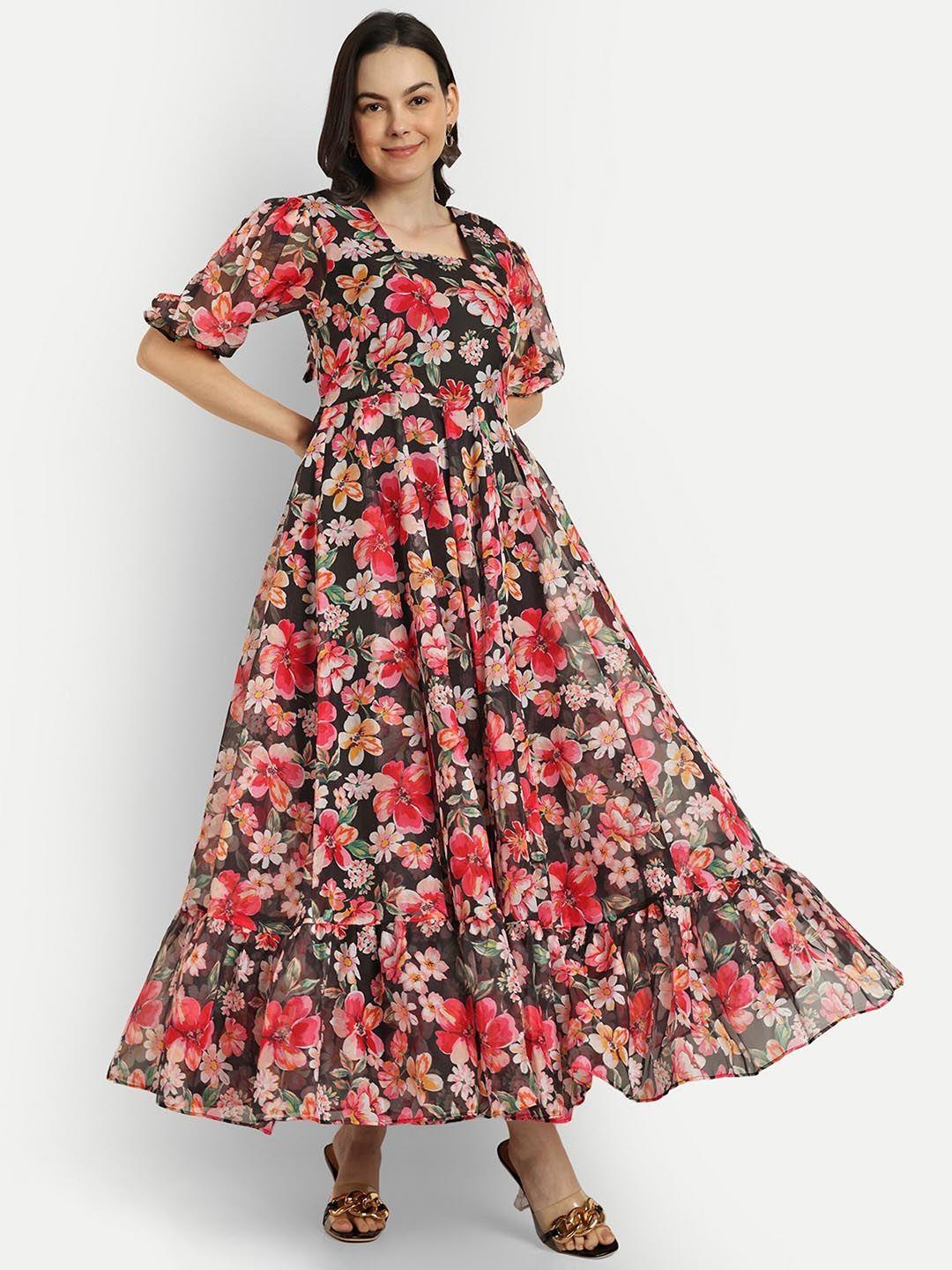 shinisha floral printed puff sleeve square neck gathered maxi dress