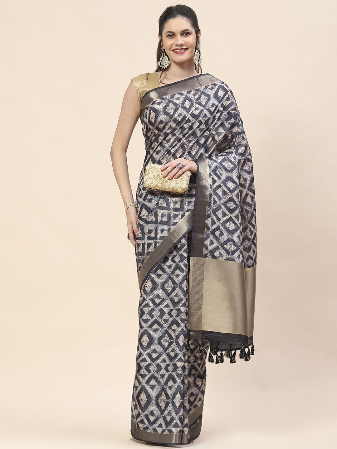 meena bazaar geometric printed tussar art silk saree