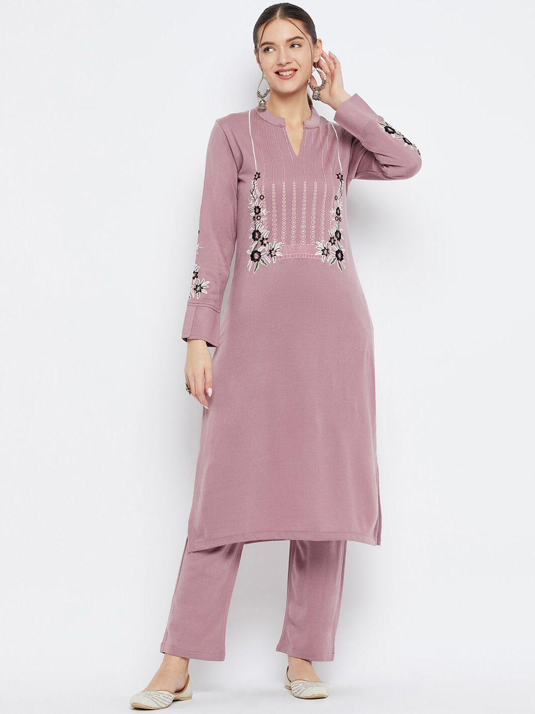 zigo women peach-coloured embroidered kurta with palazzos