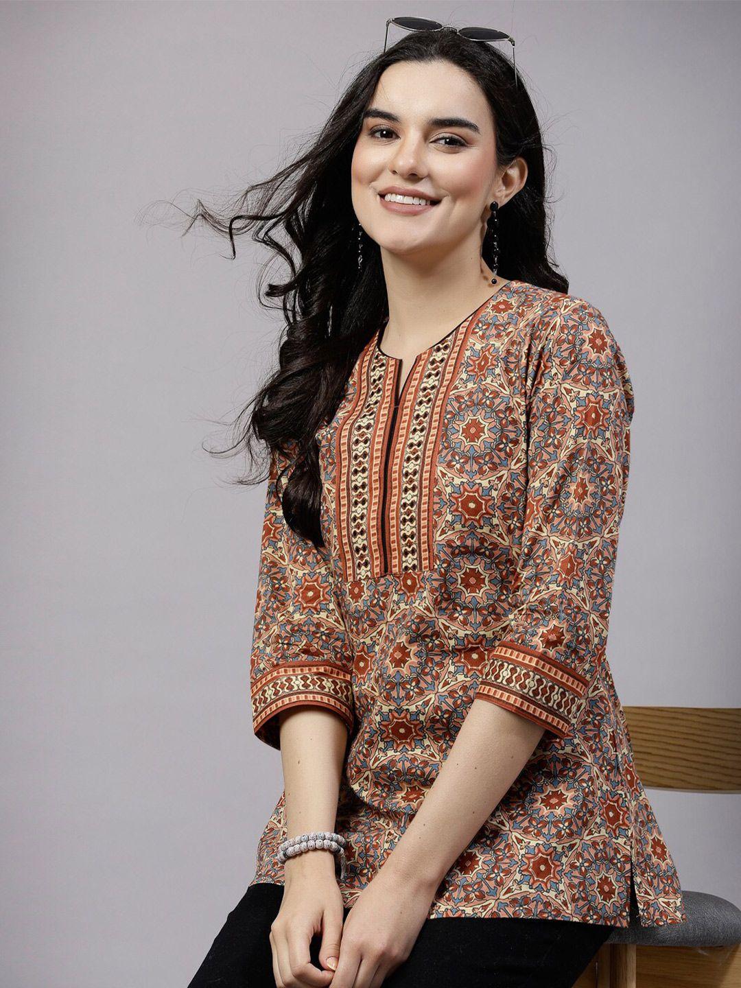 qomn ethnic motif printed three-quarter sleeves cotton top