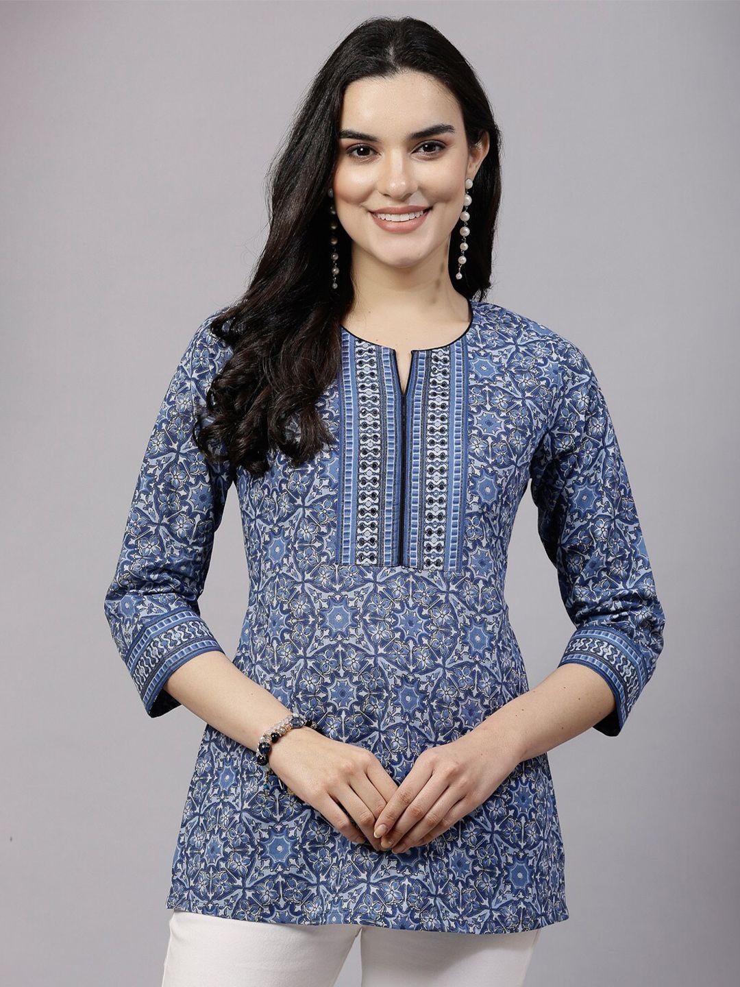 qomn ethnic motifs printed round neck cotton top