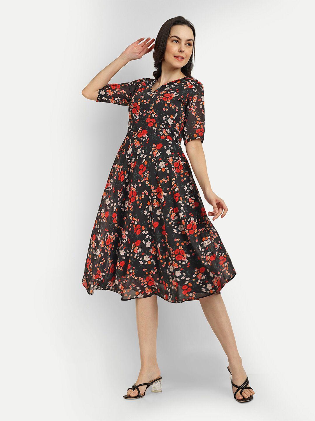 shinisha black floral print georgette fit & flare dress