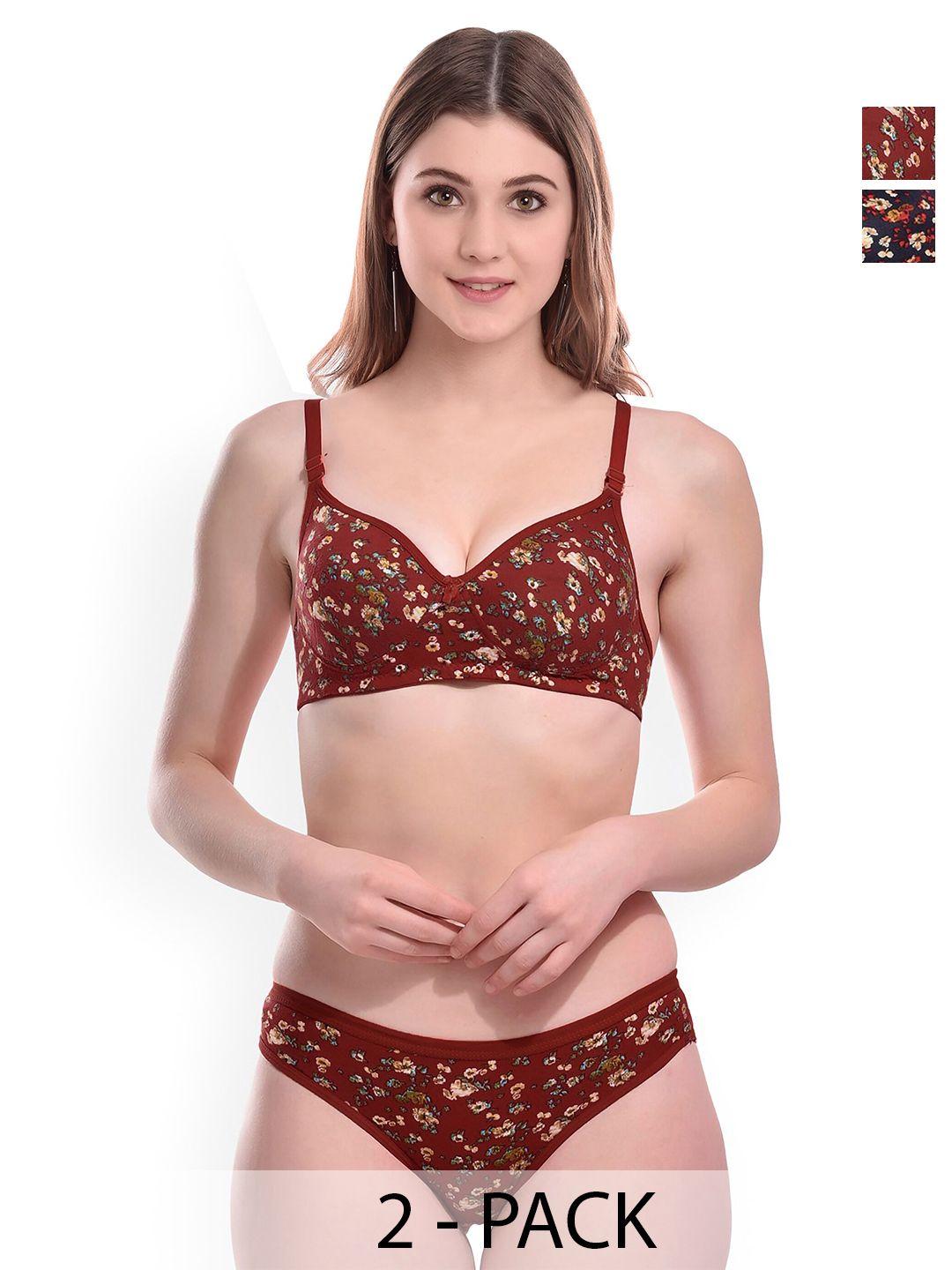 arousy pack of 2 printed cotton lingerie set fiona set_maroon,blue