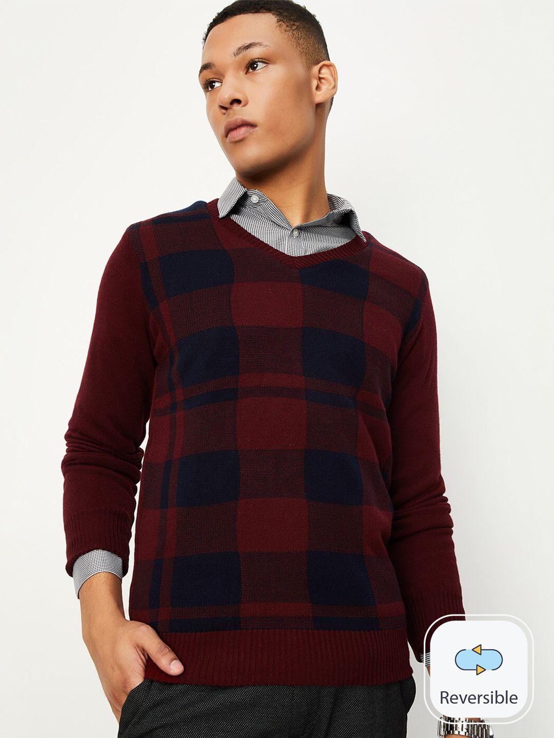 max checked v-neck reversible pure acrylic pullover