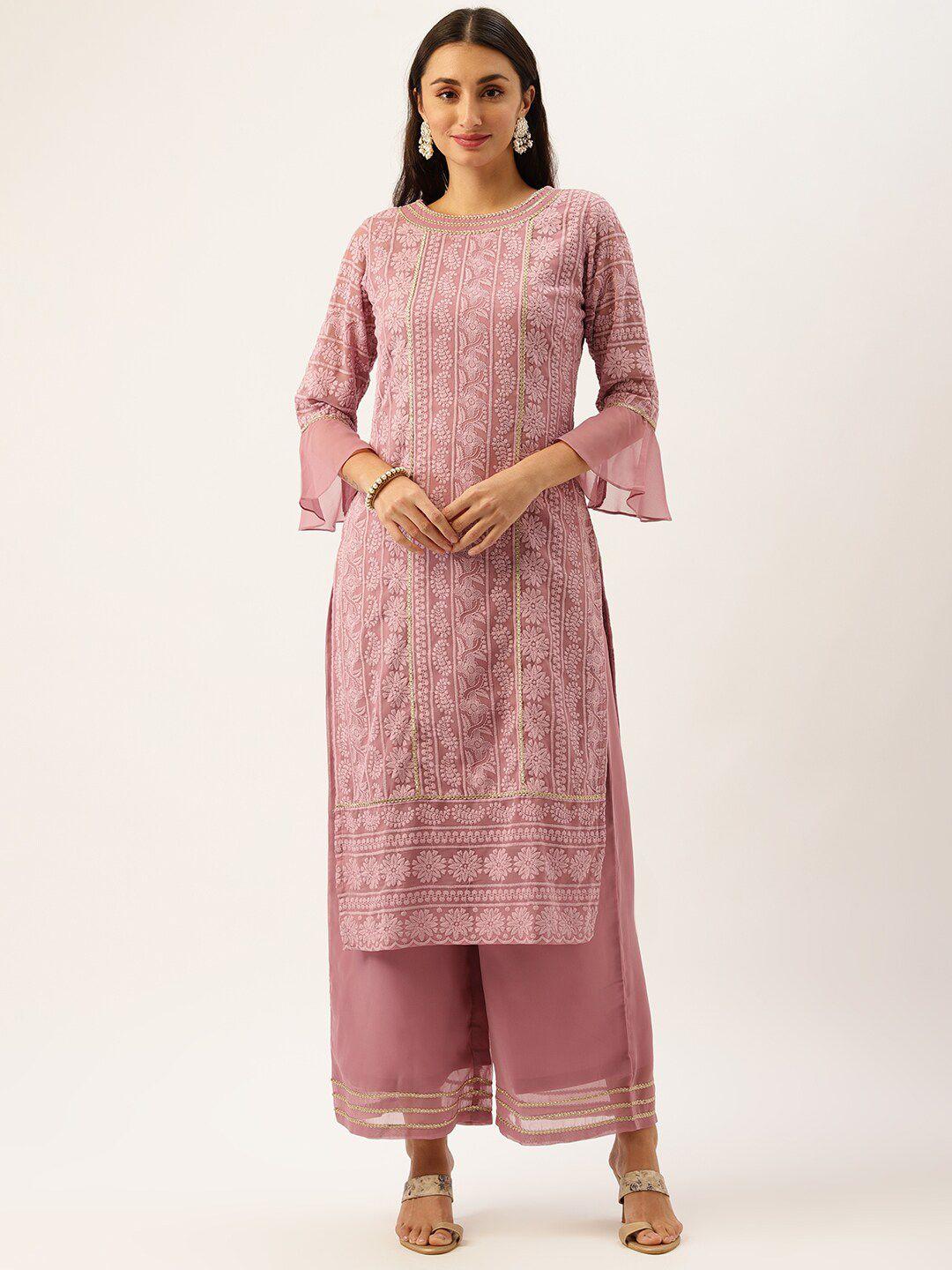 swagg india women mauve ethnic motifs embroidered regular chikankari kurta with palazzos