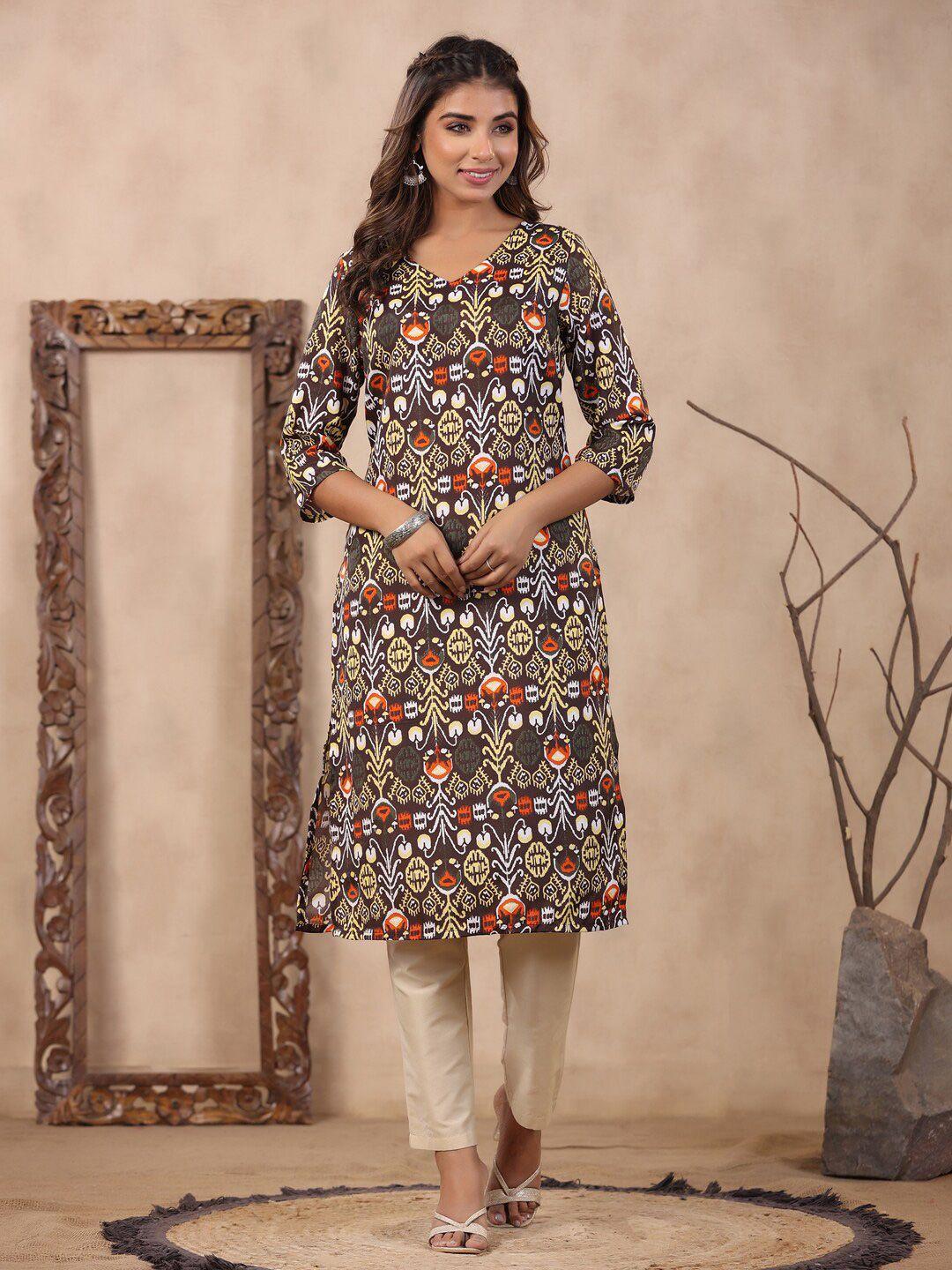 soan ethnic motifs printed v neck knee length straight kurta