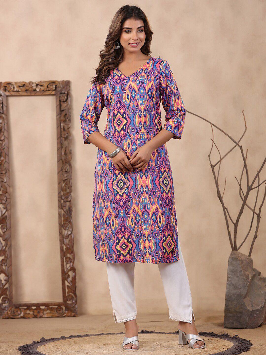 soan ethnic motifs printed v neck knee length straight kurta