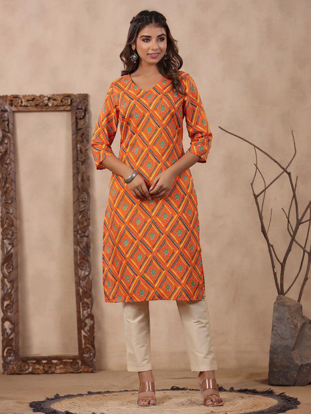 soan geometric printed v neck knee length straight kurta