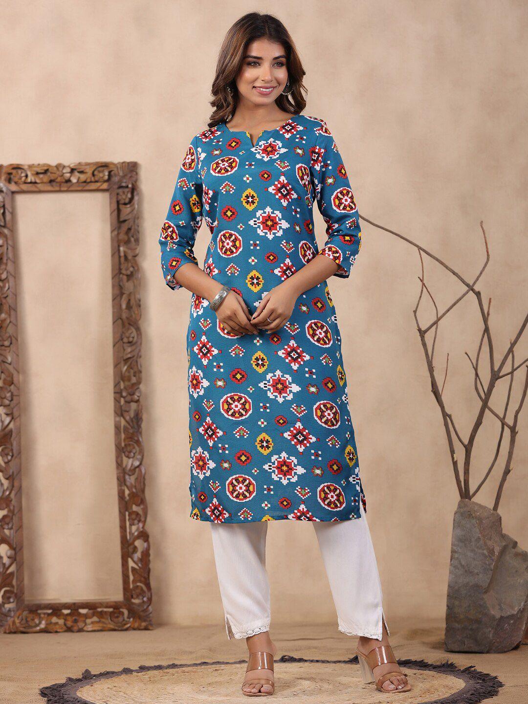 soan ethnic motifs printed notched neck knee length straight kurta