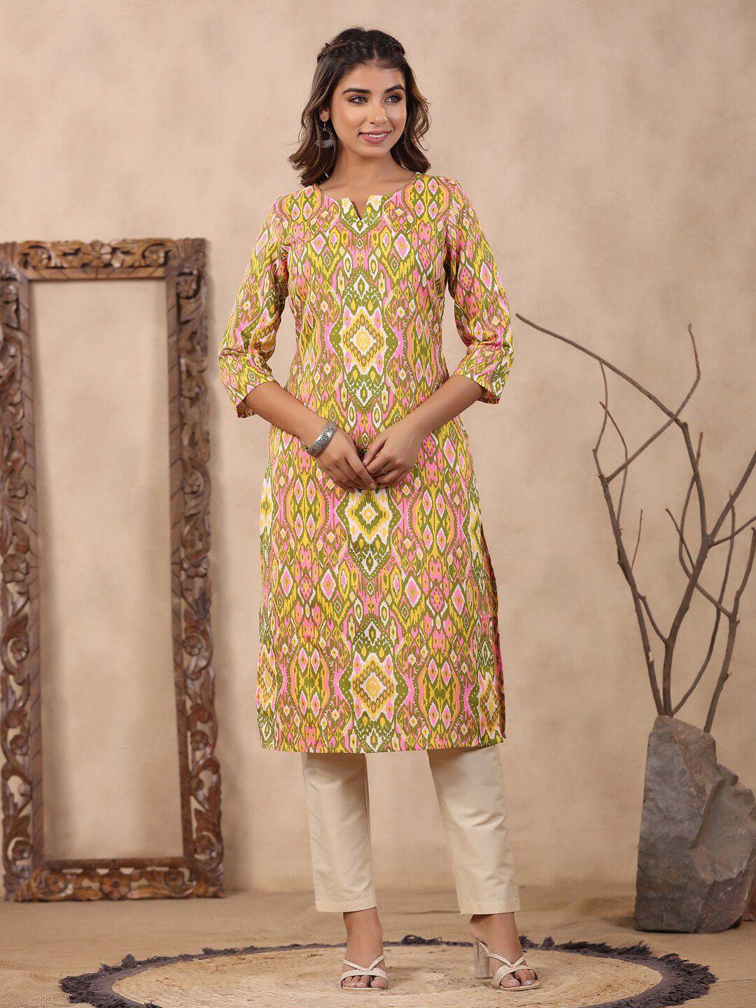 soan ethnic motifs printed notched neck knee length straight kurta