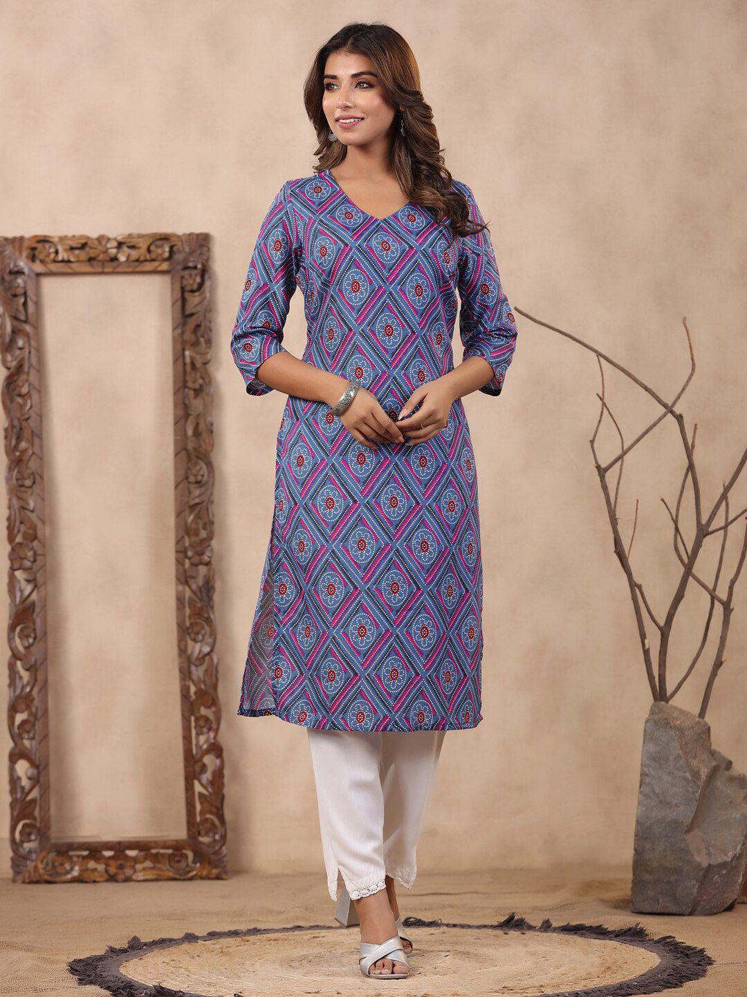 soan geometric printed v neck knee length straight kurta