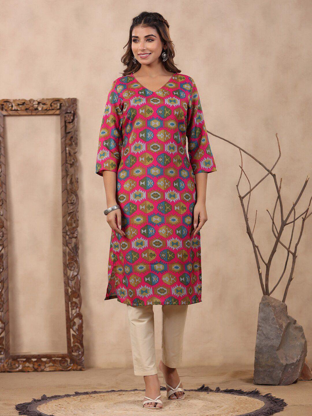 soan ethnic motifs printed v neck knee length straight kurta