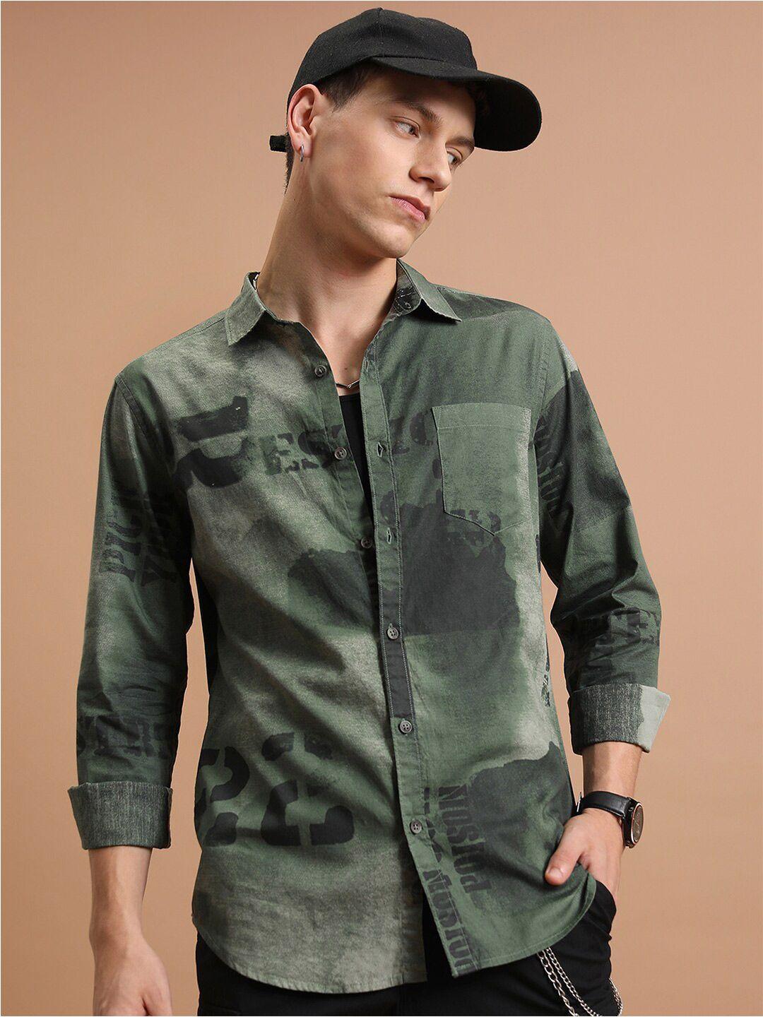 highlander olive green typography printed slim fit cotton casual shirt