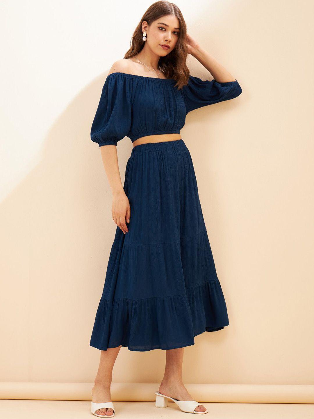 femvy blue off-shoulder puff sleeve applique fit & flare dress