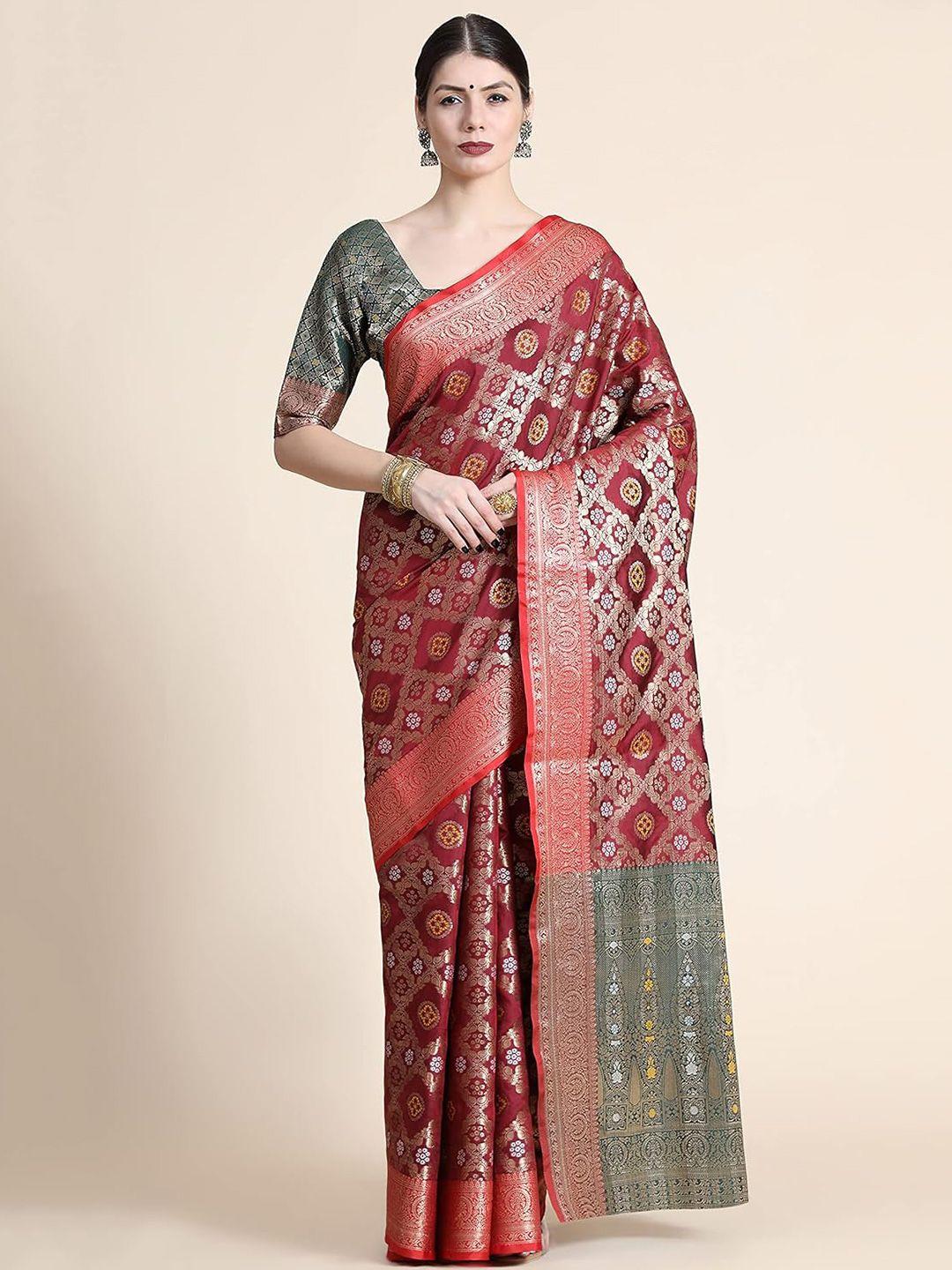 magmina maroon & green embroidered art silk banarasi saree