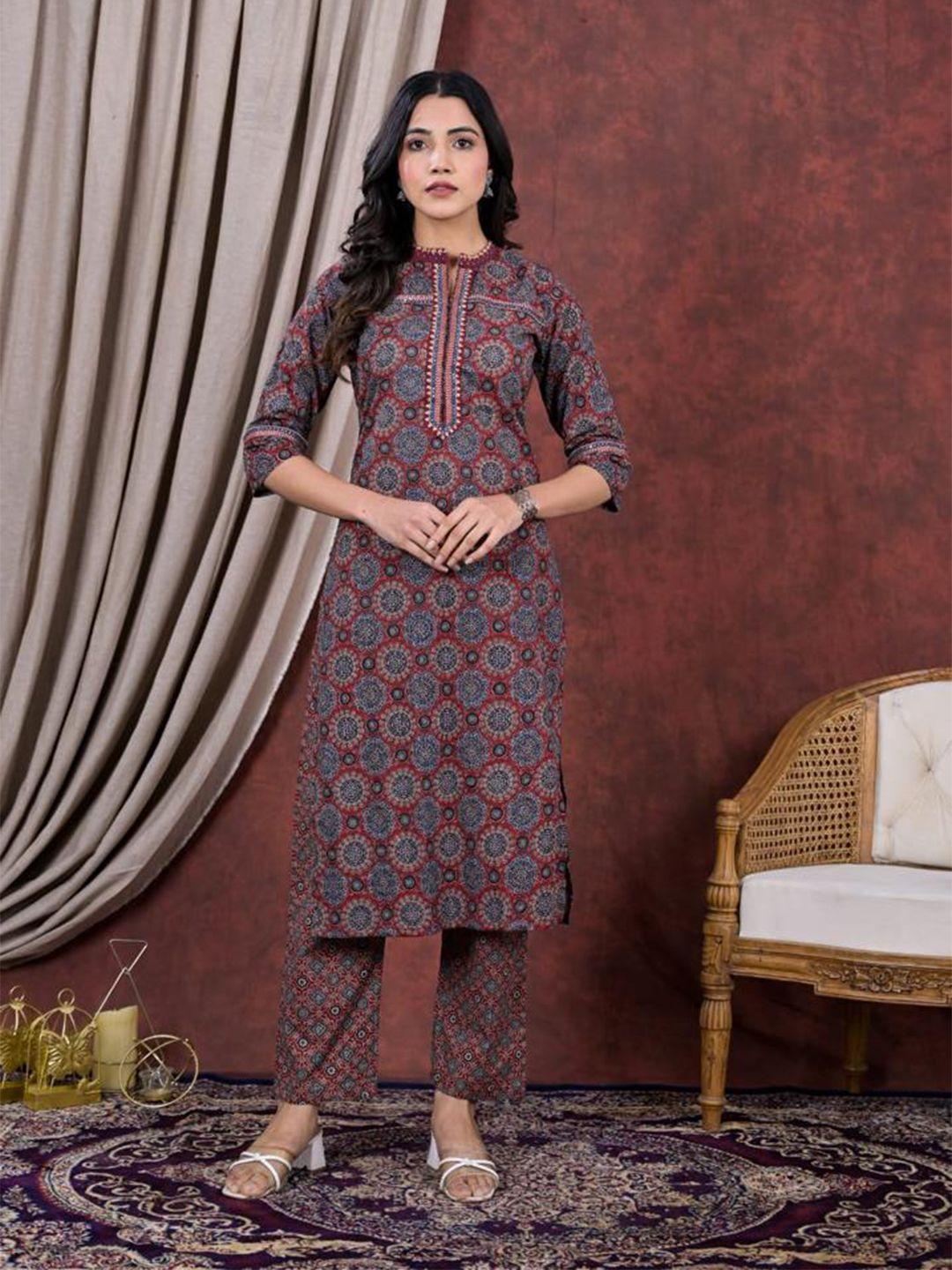 advya women maroon ethnic motifs printed regular pure cotton kurta with trousers