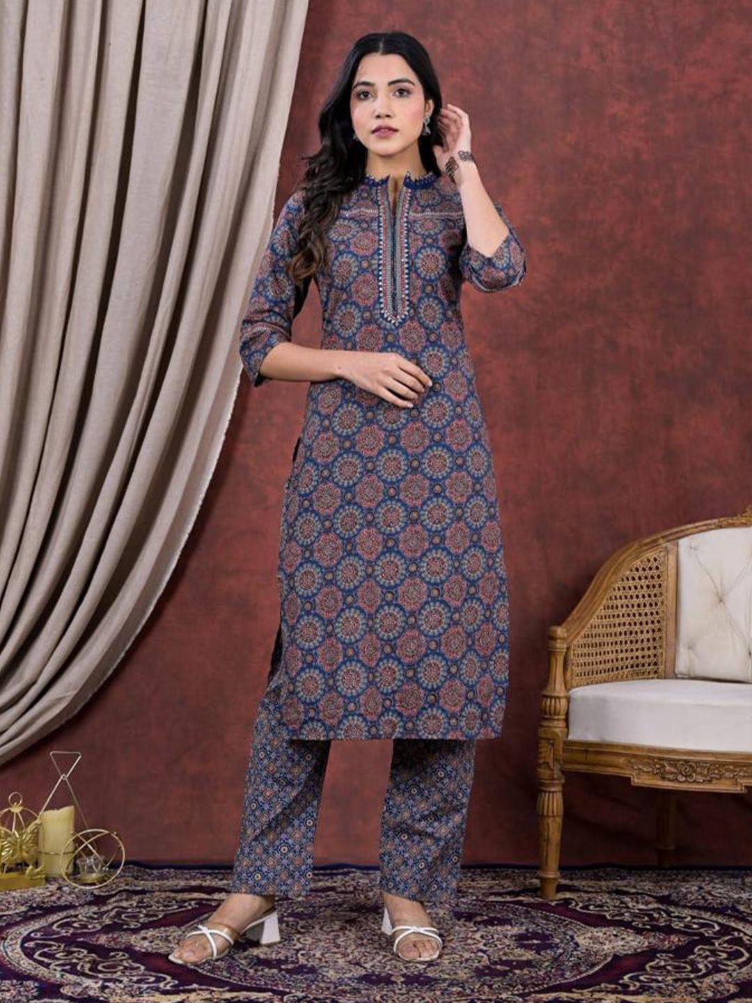 advya women navy blue ethnic motifs printed regular pure cotton kurta with trousers