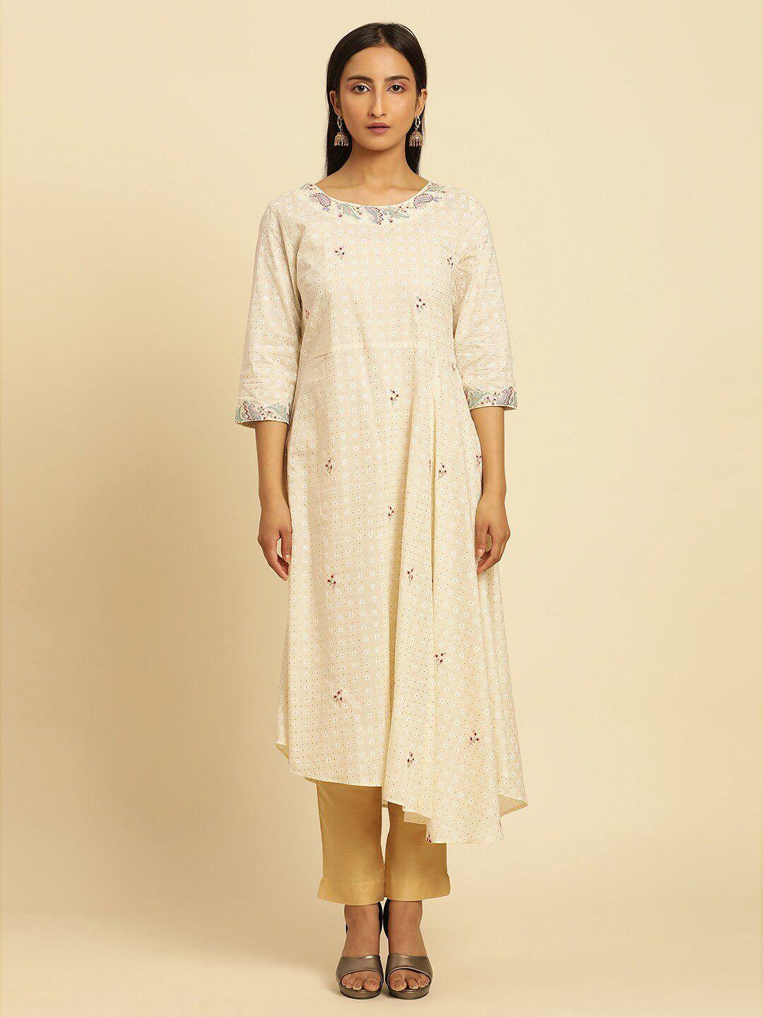 w white ethnic motifs thread work boat neck cotton anarkali kurta