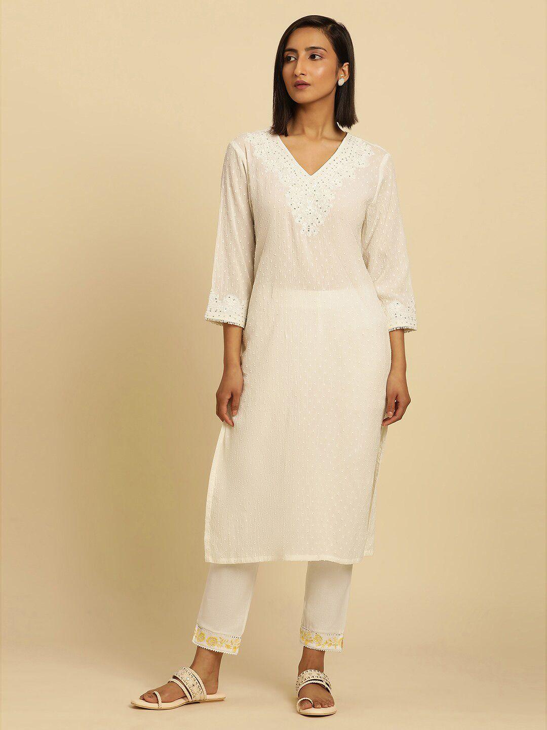 w white ethnic motifs thread work v-neck cotton a-line kurta