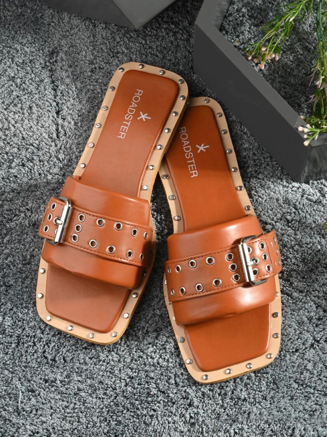 the roadster lifestyle co. tan coloured embellished open toe flats with buckel