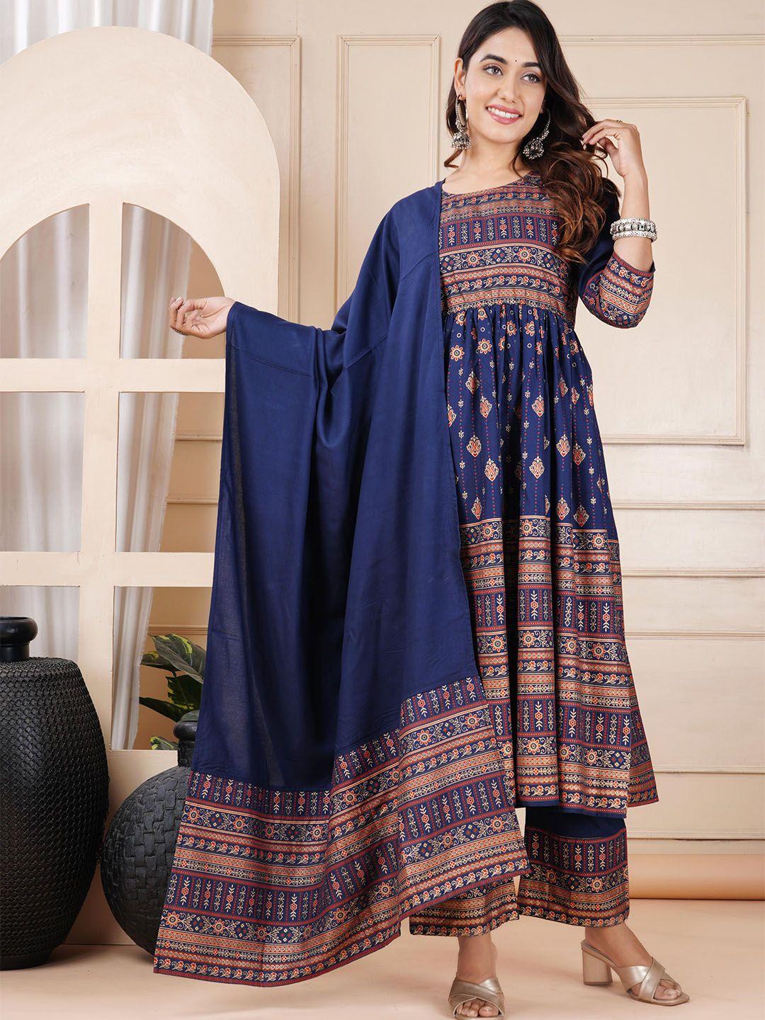 kalini round neck ethnic printed anarkali kurta with palazzos & dupatta