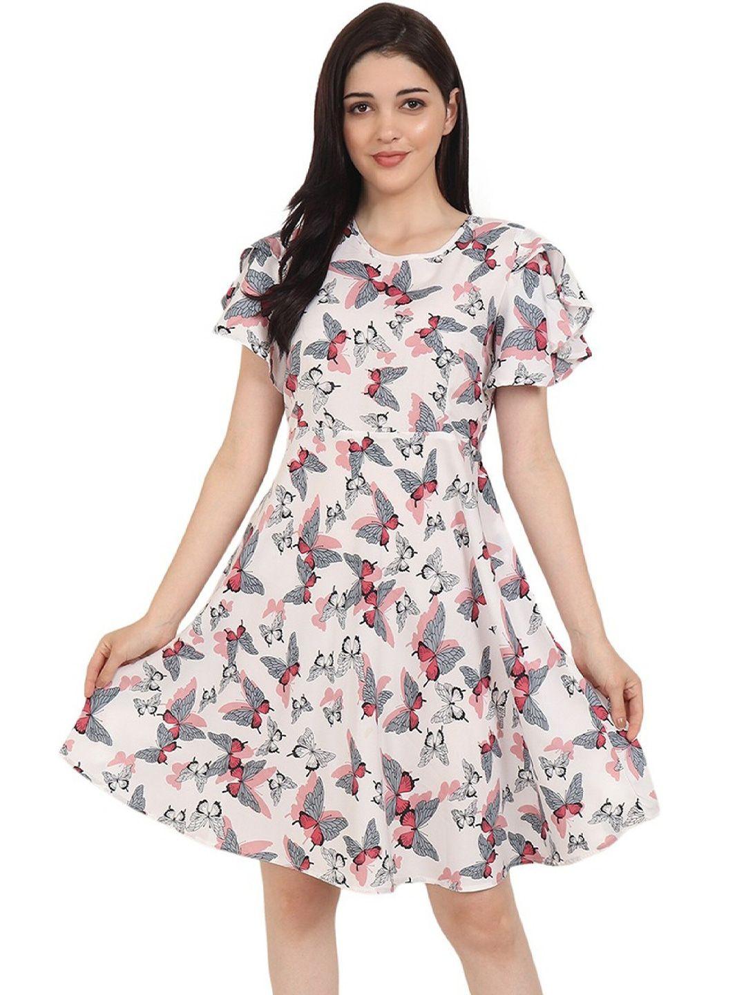 baesd white floral print bell sleeve crepe a-line dress