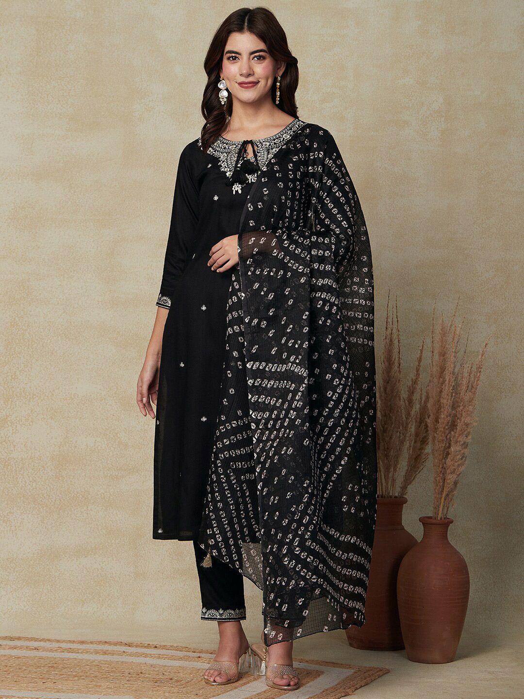 fashor embroidered straight kurta with trousers & dupatta