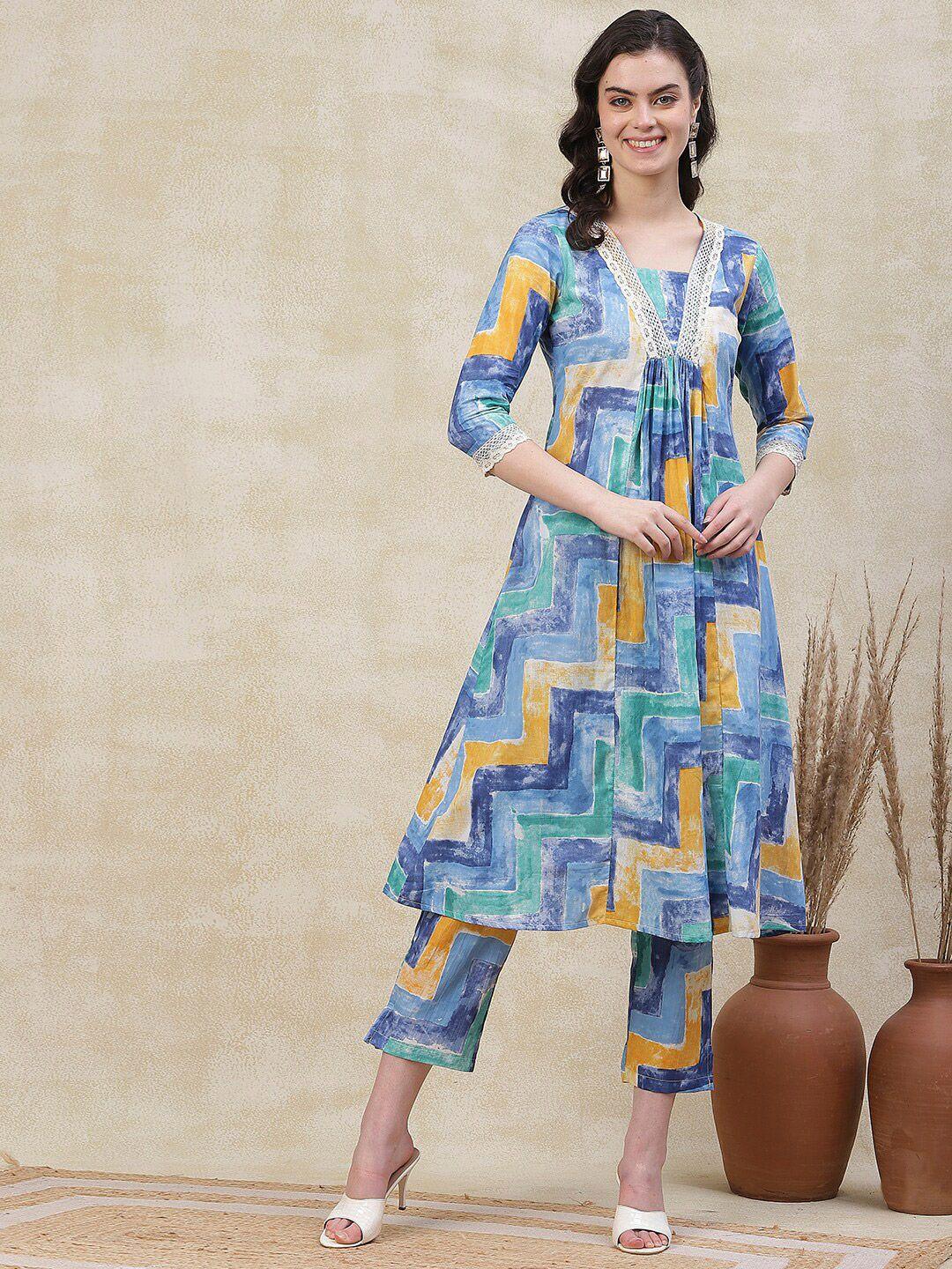 fashor geometric printed a-line pleated pure cotton kurta with trouser