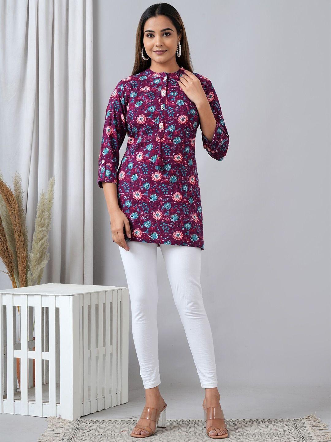 here&now purple floral printed liva kurti