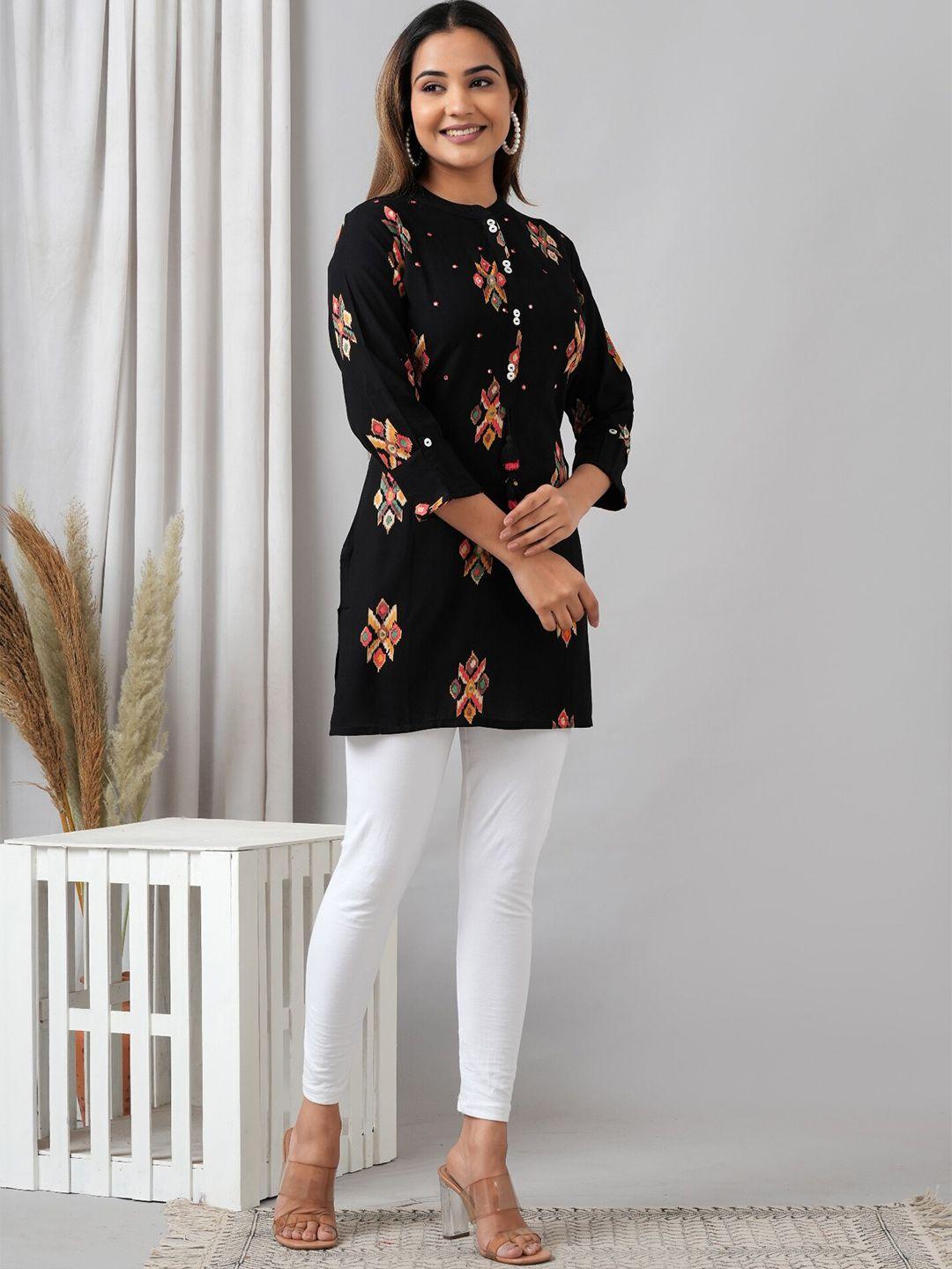 here&now black floral printed liva kurti