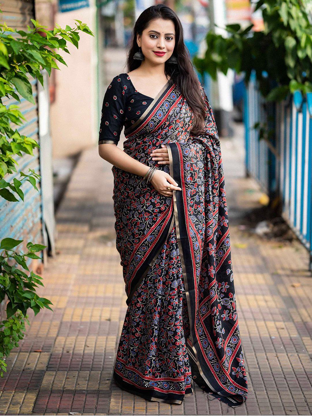 mitera black floral printed zari cotton blend saree