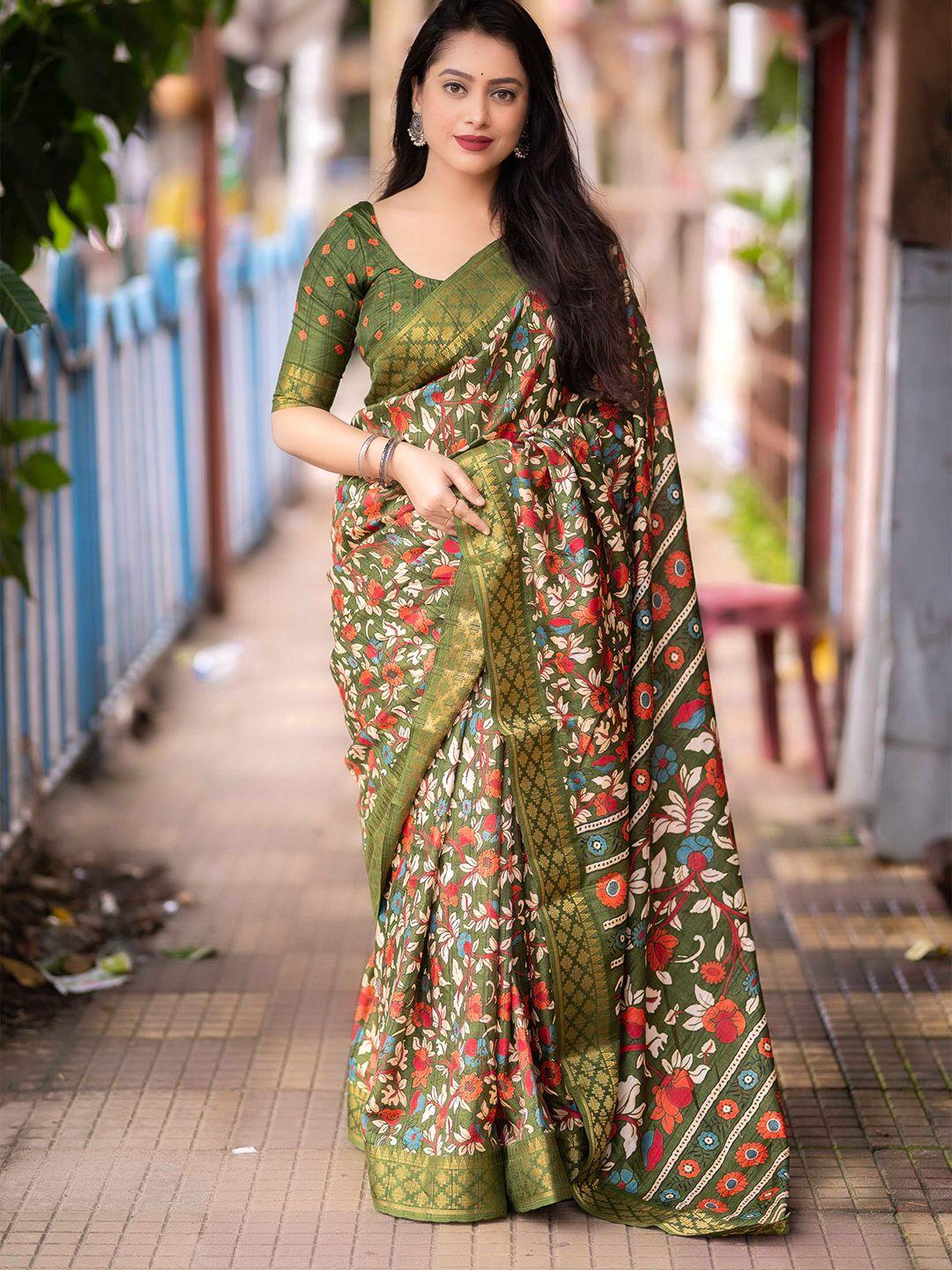 mitera green kalamkari printed zari woven design saree