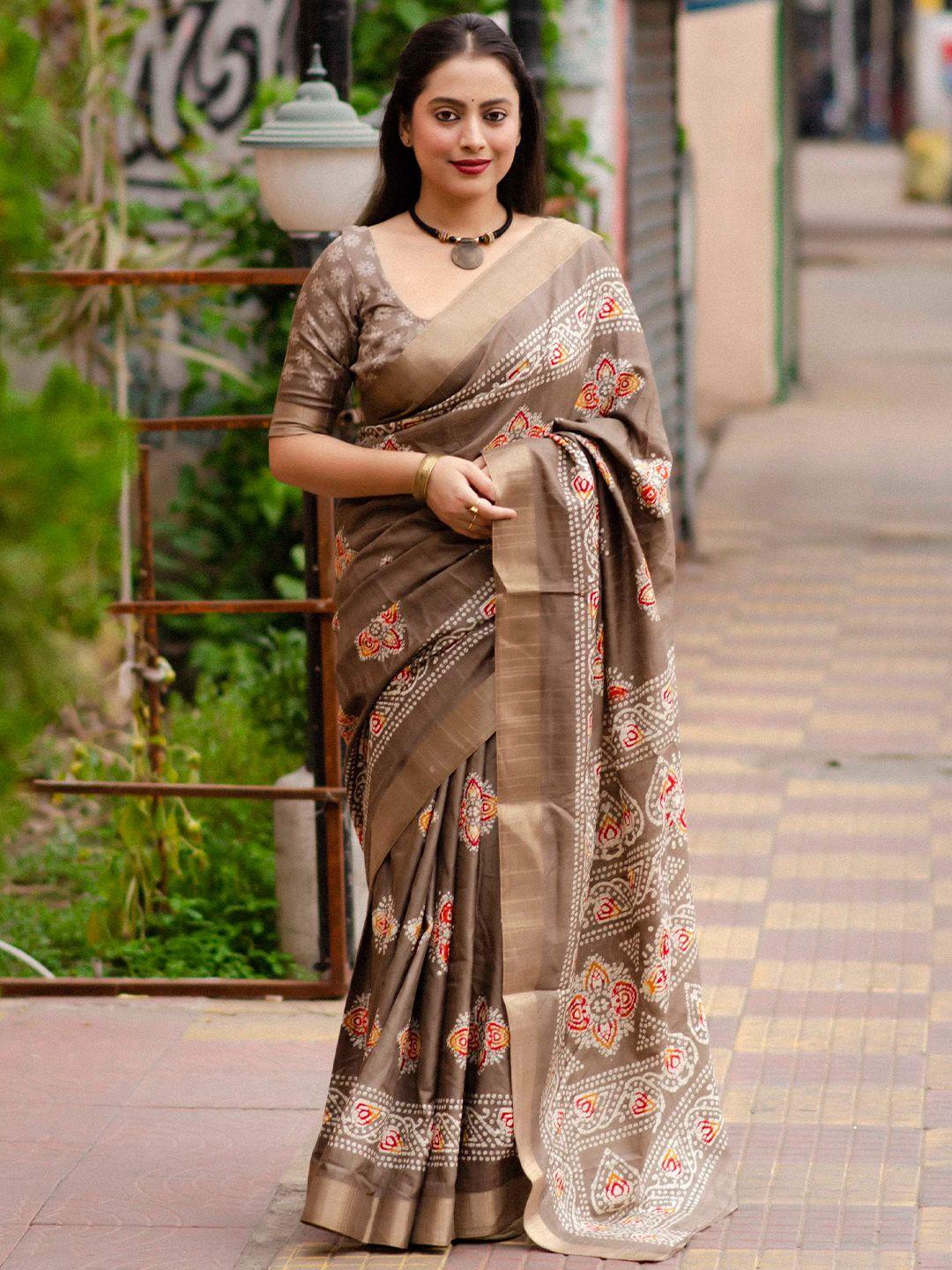 mitera beige bandhani printed zari silk blend saree