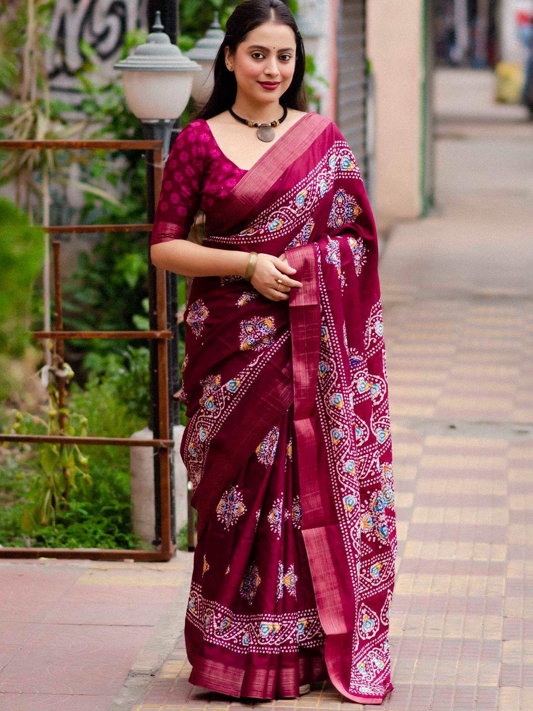 mitera magenta bandhani printed zari silk blend saree