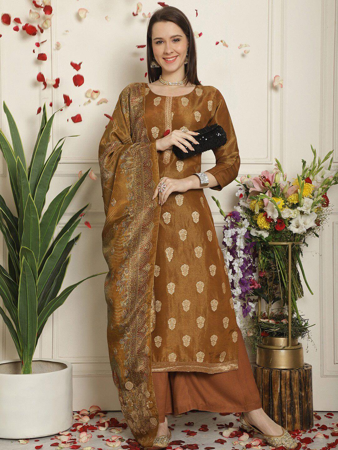 stylee lifestyle brown pure silk unstitched dress material