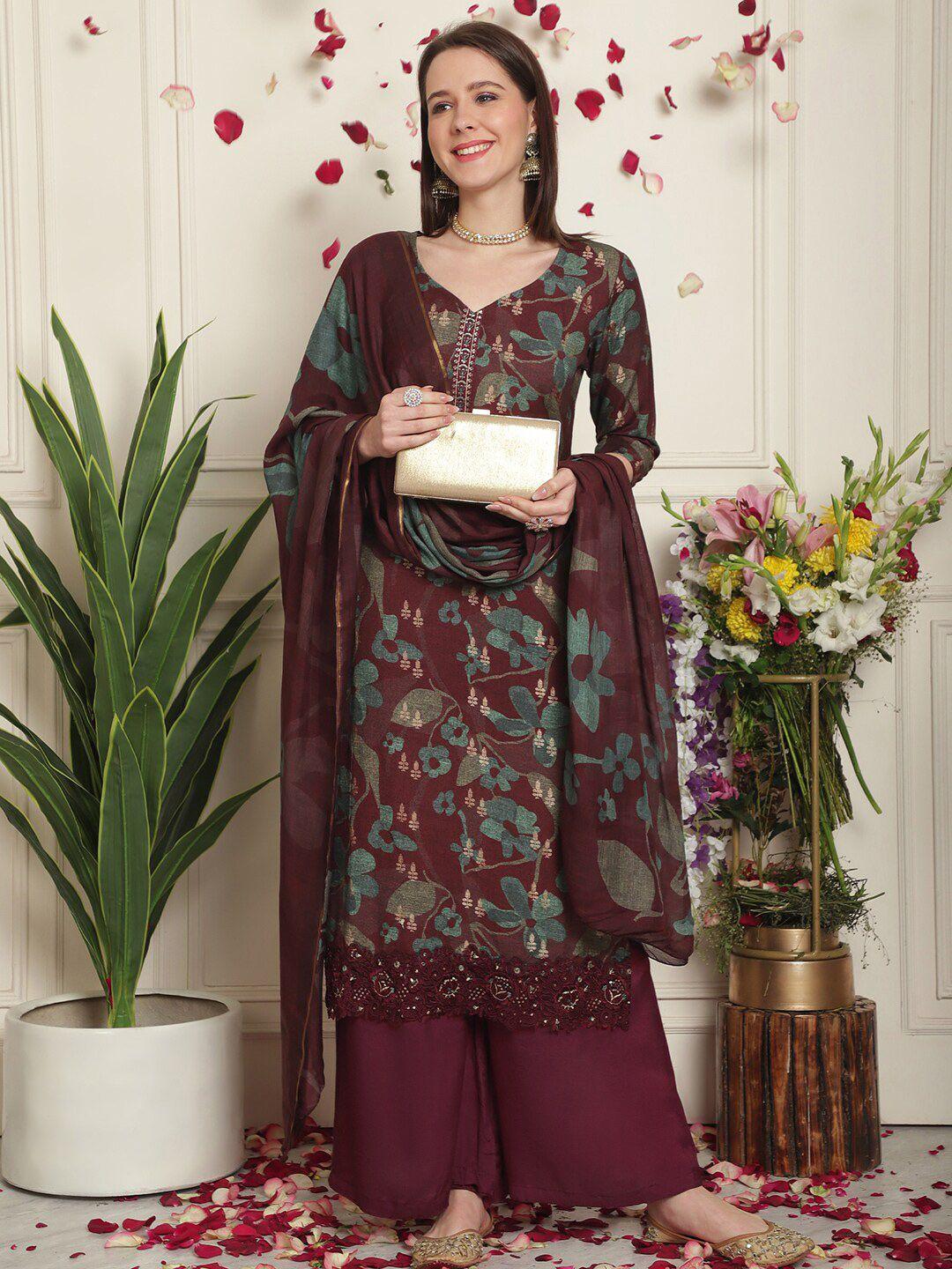 stylee lifestyle maroon printed unstitched dress material