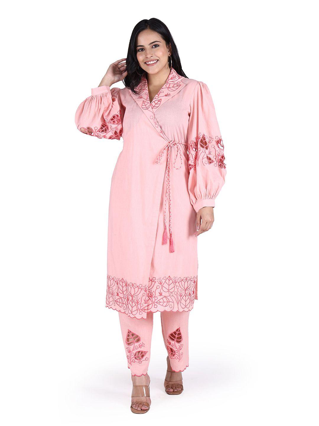 lirose embroidered shawl collar pure cotton angrakha kurta with trouser