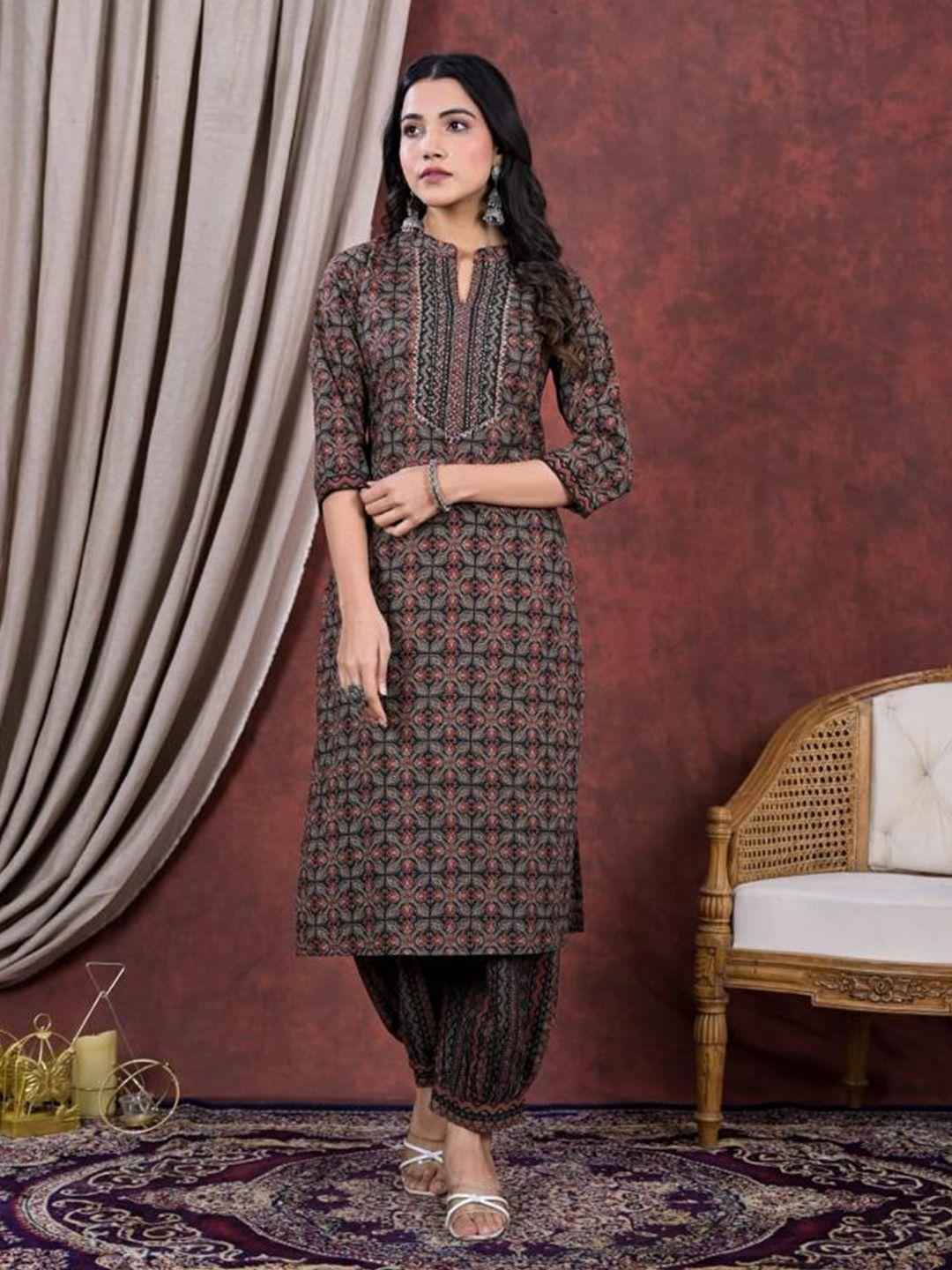 advya ethnic motifs printed mandarin collar pure cotton kurta with salwar & dupatta