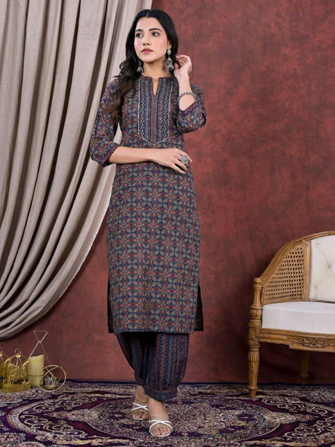 advya women navy blue ethnic motifs printed regular pure cotton kurta with salwar & with dupatta