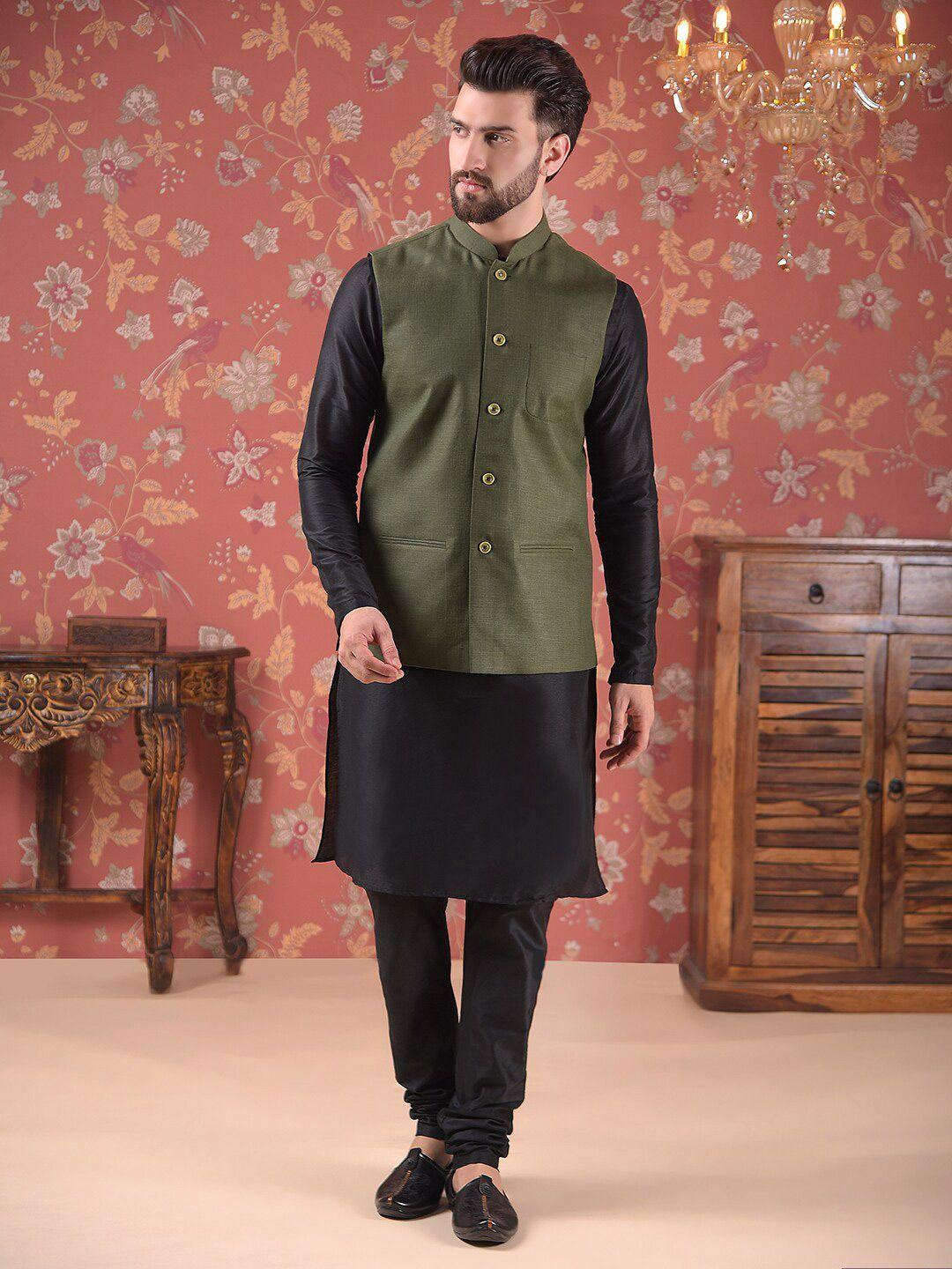 house of pataudi straight kurta with churidar & nehru jacket