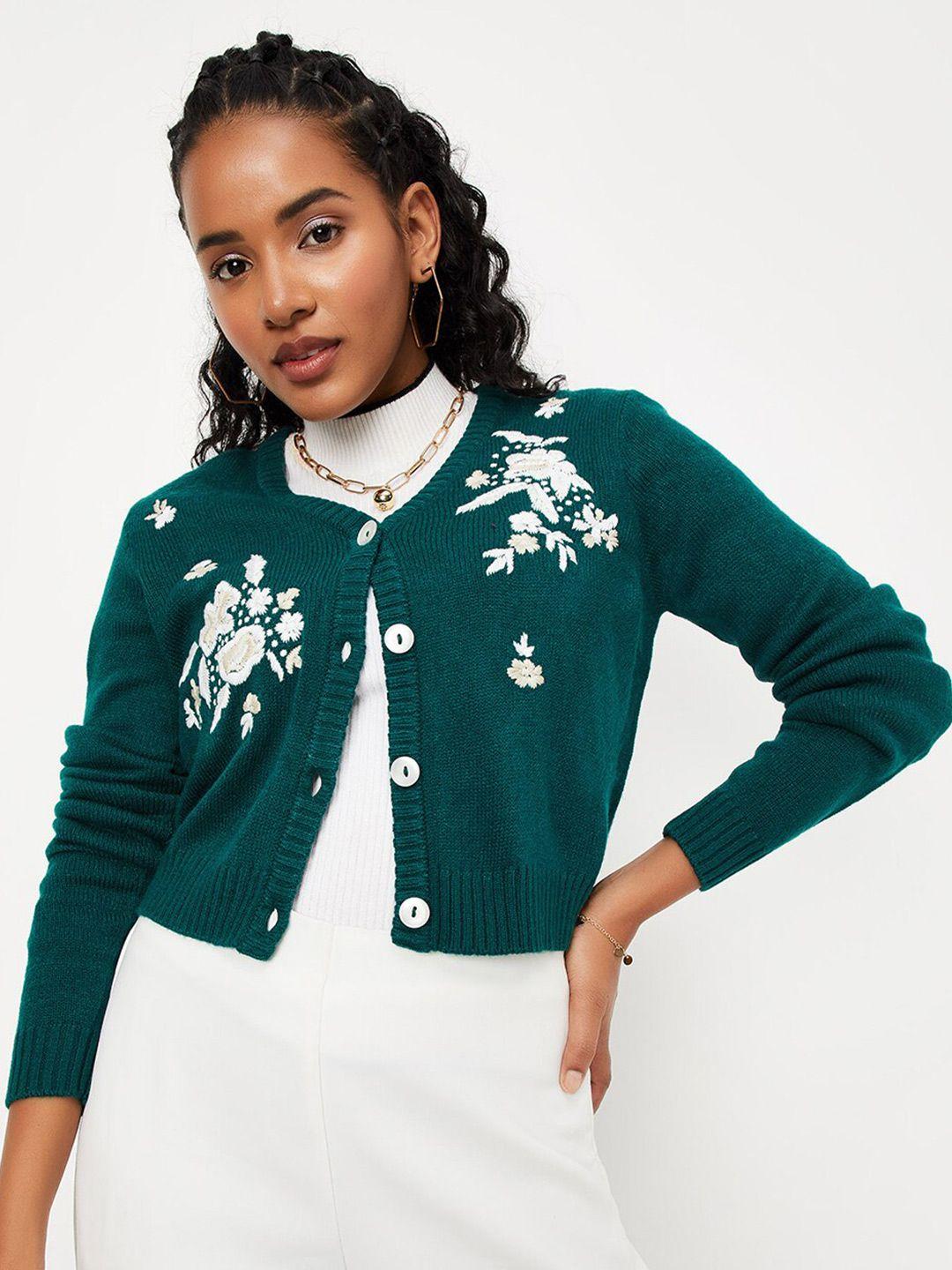 max floral embroidered acrylic crop cardigan sweater