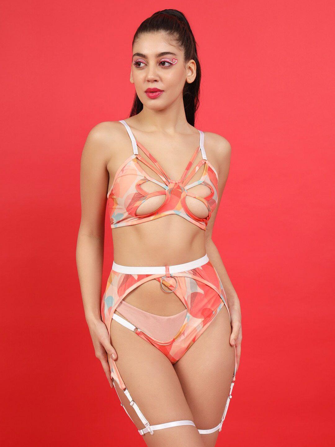 baesd printed cut-out detail mid-rise bikini lingerie set